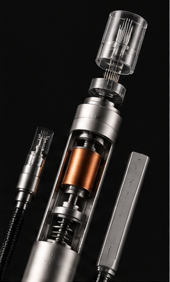 Cutaway of the Ottilo pen showing the solenoid coil, plunger and return spring